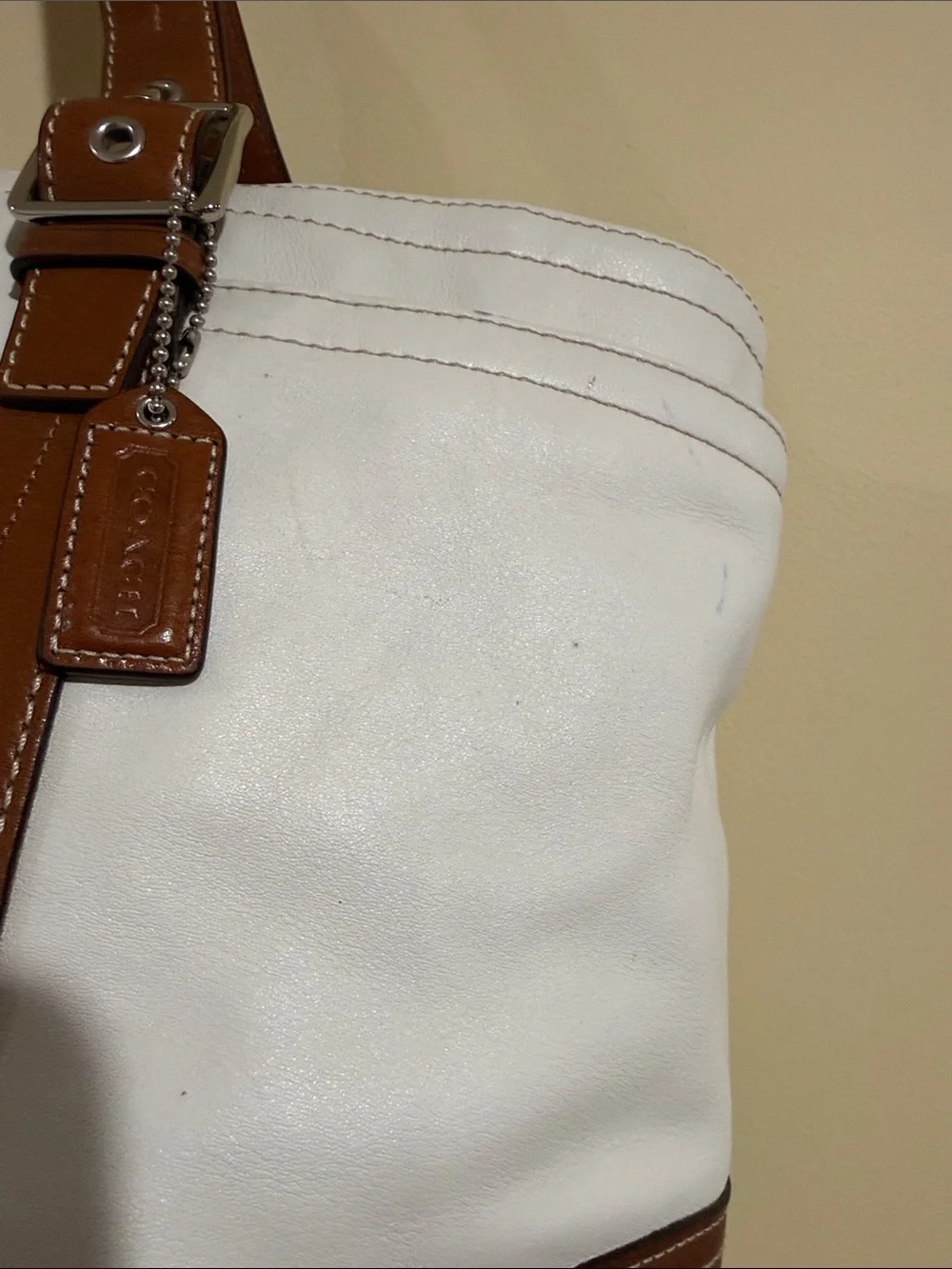 Coach White Leather Tote with Brown Trim and Straps Moms,work, Business Handbag